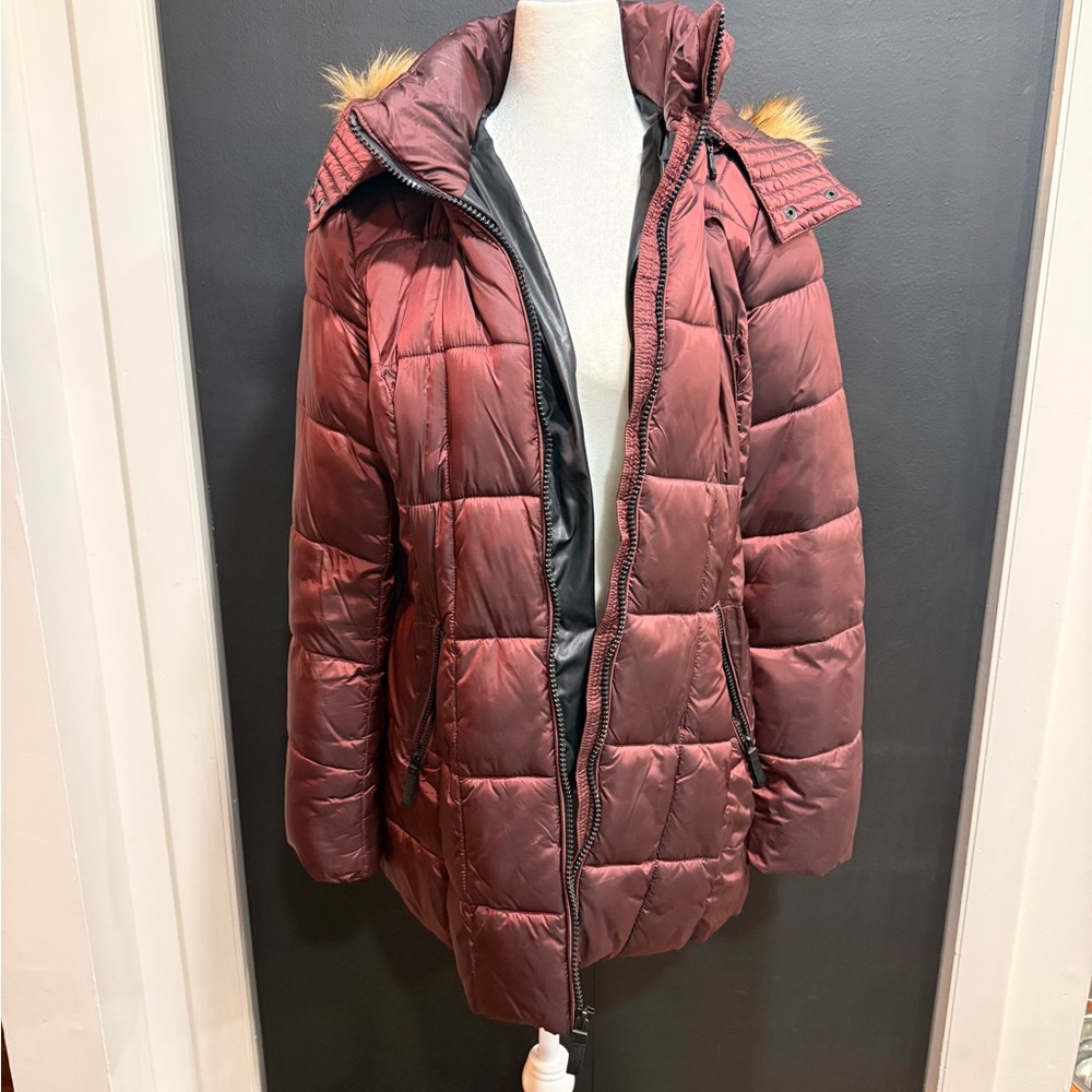 Marc New York Burgundy Puffer Jacket with Faux Fur Trim